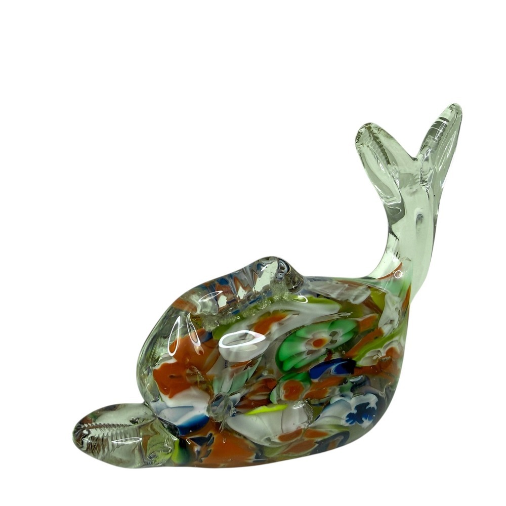 VTG Murano Glass Dolphin Figurine Millefiori Sea Creature Paper Weight 3 in H